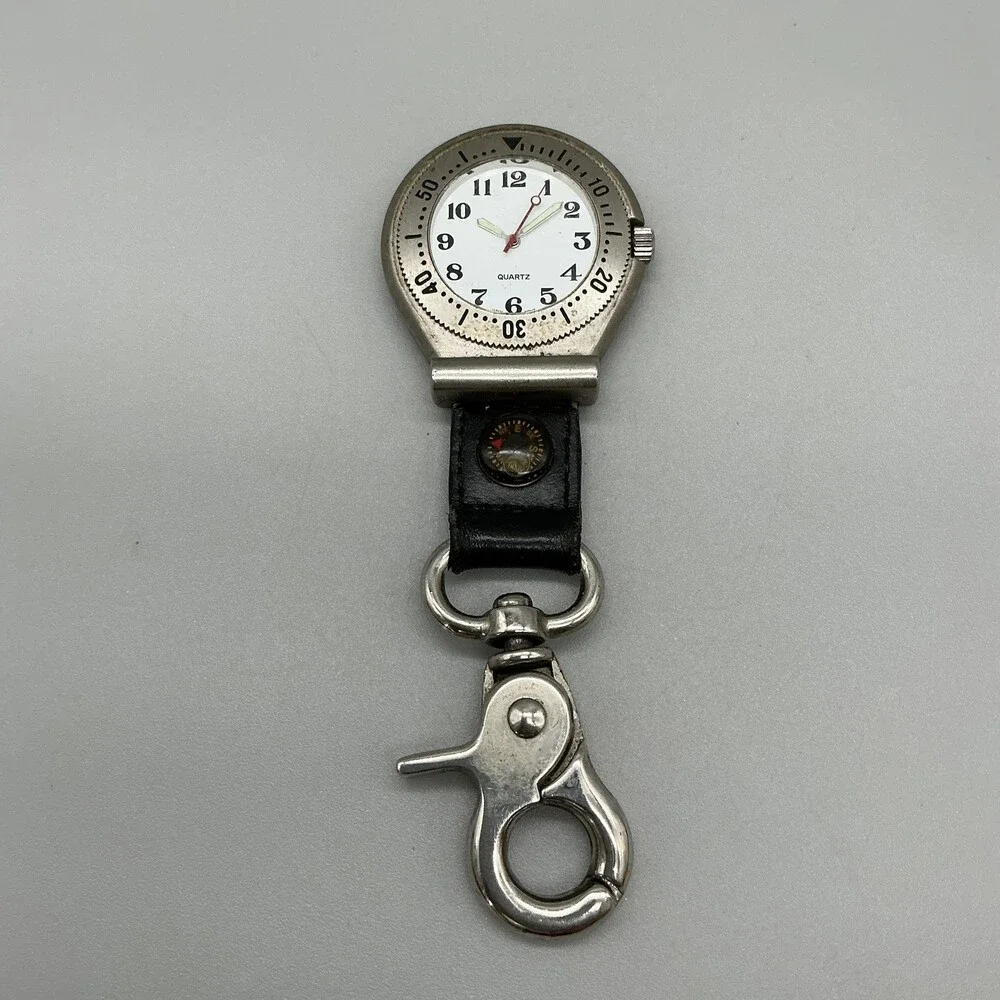 Croton Key Ring Watch Mens 43mm Compass Black Leather Clip New Battery